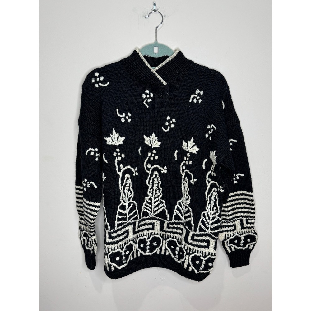 VTG NWT Roberta Freymann Bergdorf Goodman Handknit Wool Black White Sweater Sz M